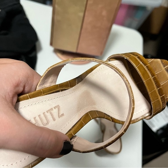 Schutz Brown Crocodile Alligator Block Heels Sandals Shoes Leather Size 6 - Picture 9 of 9